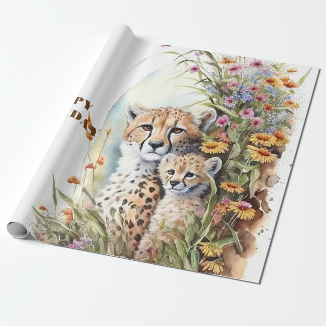Papier Cadeau Joyeux anniversaire Cheetah Baby et maman (Déroulé)