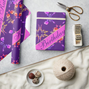Papier Cadeau "Joyeux anniversaire" Coeurs Roses sur violet