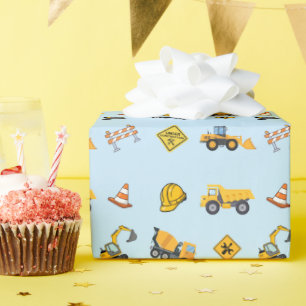 Papier Cadeau Joyeux Anniversaire Construction Bleu Clair