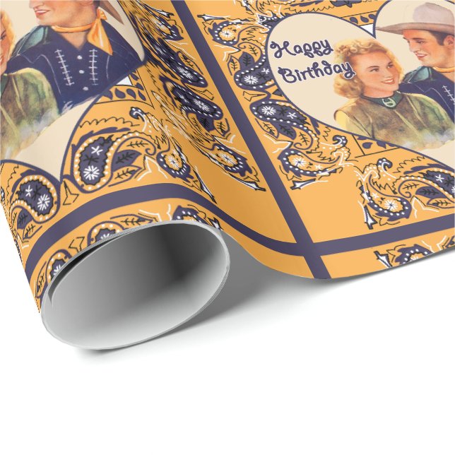 Papier Cadeau Joyeux anniversaire de cowboy de couples (Coin rond)