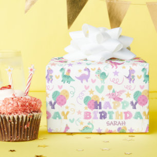 Papier Cadeau Joyeux Anniversaire Dinosaure Pastel Vert Rose Enf