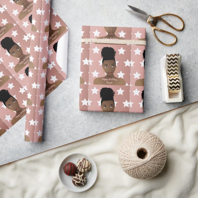 Papier Cadeau Joyeux anniversaire ! Femme noire, Étoiles blanche (Artisanat)