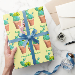 Papier Cadeau Joyeux Anniversaire Fleur Jaune Poted Cactus