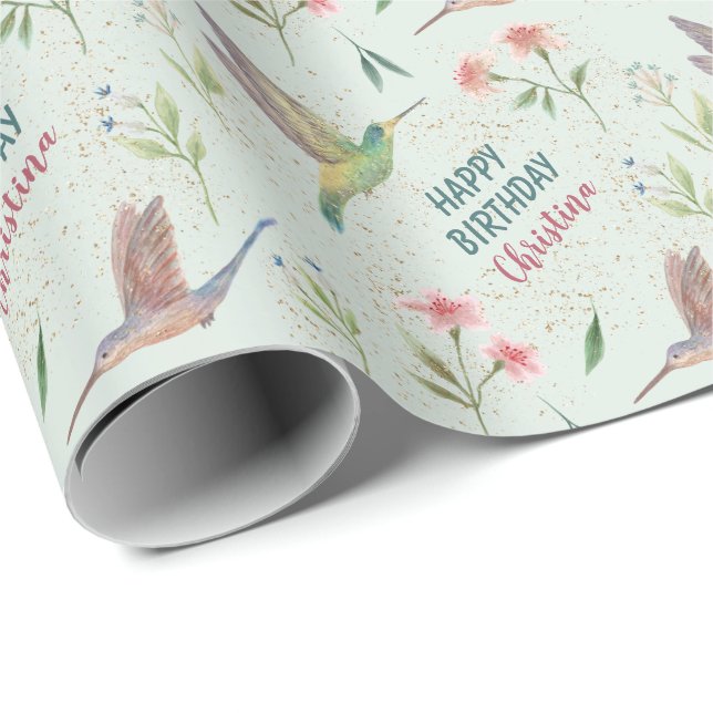 Papier Cadeau Joyeux anniversaire Fleurs de printemps et colibri (Coin rond)