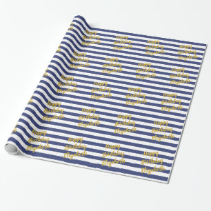 Papier Cadeau Joyeux Anniversaire Gold Script Bleu foncé Blancs 