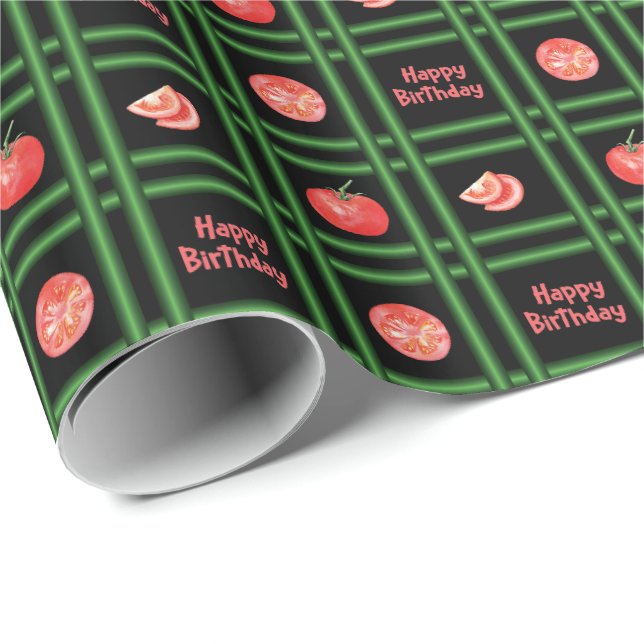 Papier Cadeau Joyeux anniversaire - Motif de tomates fraîches (Coin rond)