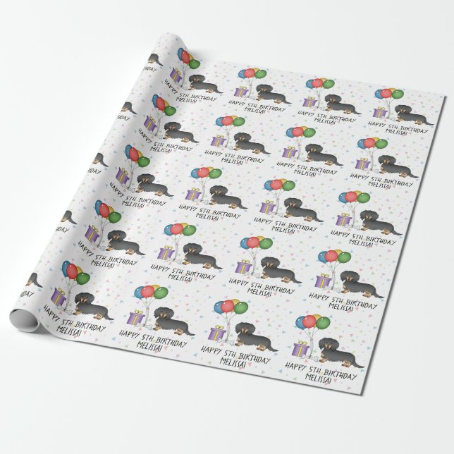 Papier Cadeau Joyeux Anniversaire Noir Et Tan Long Cheveux Dachs (Déroulé)