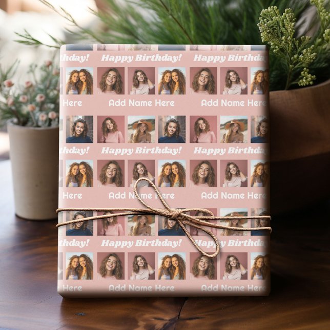 Papier Cadeau Joyeux Anniversaire Nom 6 Carré Photo Collage rose (Custom Photo Wrapping Paper)