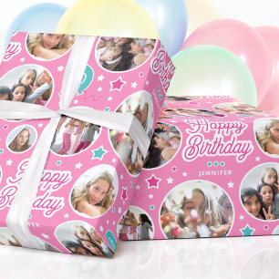 Papier Cadeau Joyeux Anniversaire Nom Age Photo Collage rose vif