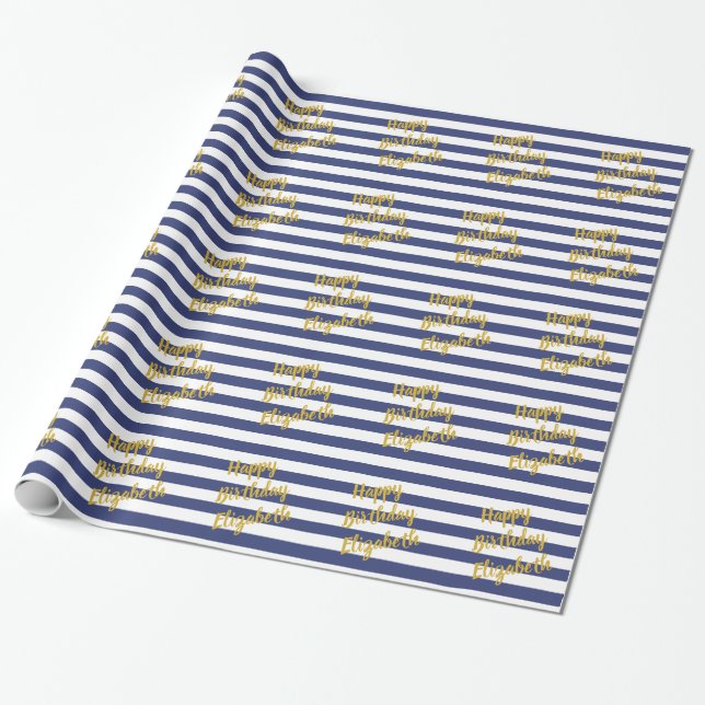 Papier Cadeau Joyeux Anniversaire Nom Or Script Bleu Blancs Blan (Déroulé)