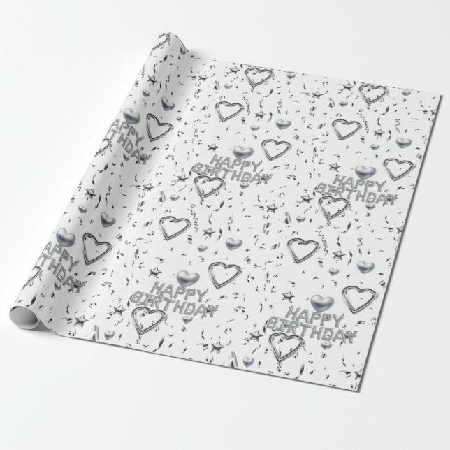 Papier Cadeau Joyeux Anniversaire Papier Papier Coeurs d'argent (Déroulé)