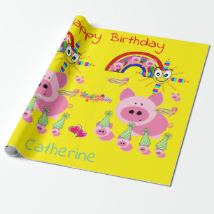 Papier Cadeau Joyeux Anniversaire Papier Pink Pigs Jaune