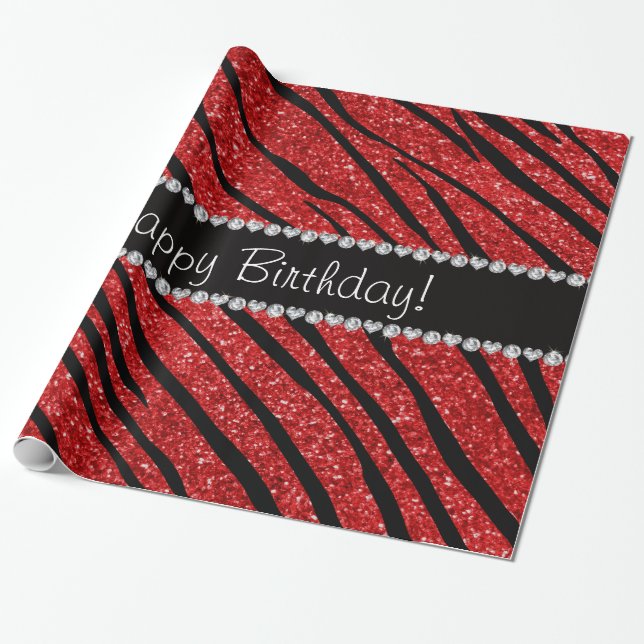 Papier Cadeau Joyeux anniversaire parties scintillant rouge zèbr (Déroulé)