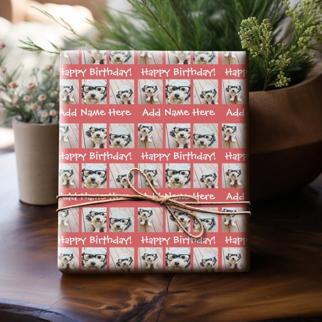 Papier Cadeau Joyeux anniversaire Personnalisé Nom 6 Carré Photo (Personalized Birthday Photo Wrapping Paper)