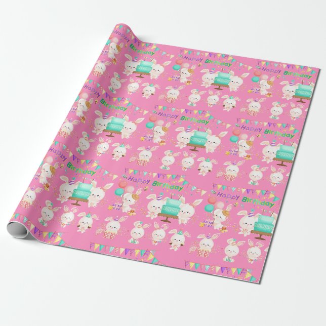 Papier Cadeau Joyeux Anniversaire Petites Lapines Fille (Déroulé)