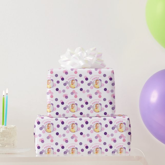 Papier Cadeau JOYEUX ANNIVERSAIRE photo moderne confetti taches  (Cadeaux de fête)