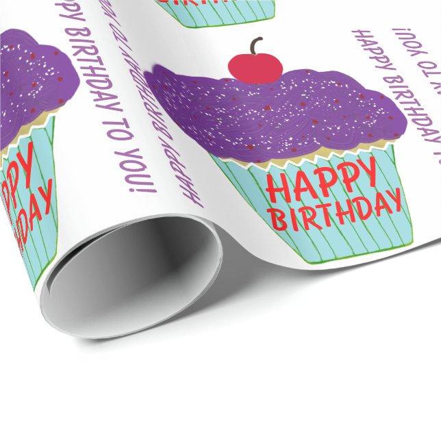 Papier Cadeau Joyeux Anniversaire Purple Frosting Cerry Cupcake (Coin rond)