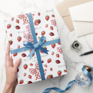 Papier Cadeau Joyeux Anniversaire Rouge Sucré Fraise Rose Ruban