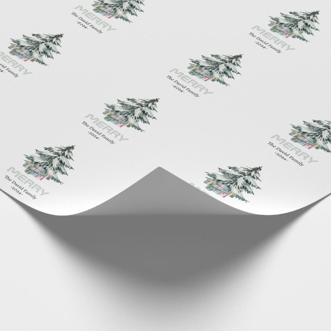Papier Cadeau Joyeux Aquarelle Neige Pine Noël Arbre Cadeaux (Coin)