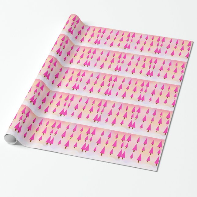 Papier Cadeau Joyeux arbres de Noël roses (Déroulé)