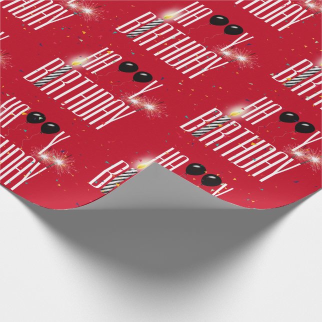 Papier Cadeau Joyeux Ballons d'anniversaire et Confetti en rouge (Coin)