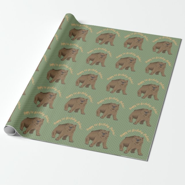 Papier Cadeau Joyeux Birthday Woodland Brown Bear Cub (Déroulé)