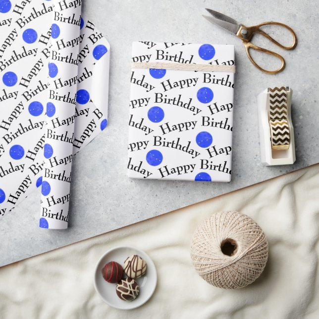 Papier Cadeau Joyeux Bleu Pickleballs D'Anniversaire Sur Blanc (Artisanat)