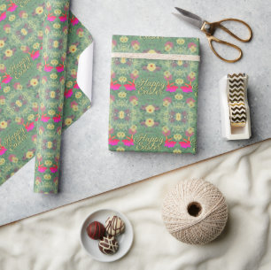 Papier Cadeau Joyeux Bunnies Floraux de Pâques Vert