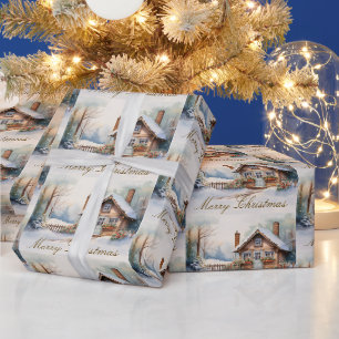 Papier Cadeau Joyeux Cabine de Noël dans un paysage enneigé