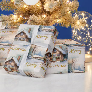 Papier Cadeau Joyeux Cabine de Noël dans un paysage enneigé