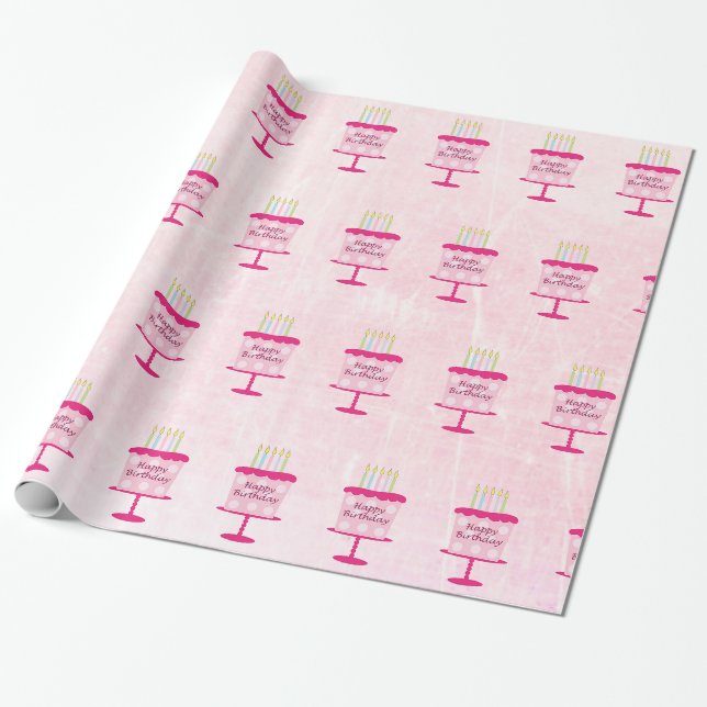 Papier Cadeau Joyeux cadeau de gâteau d'anniversaire Wrap rose (Déroulé)