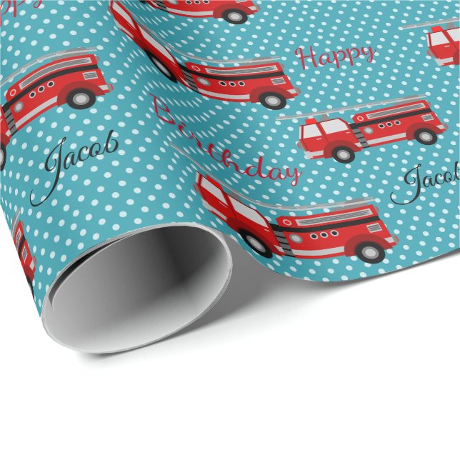 Papier Cadeau Joyeux Camion de feu rouge d'anniversaire (Coin rond)