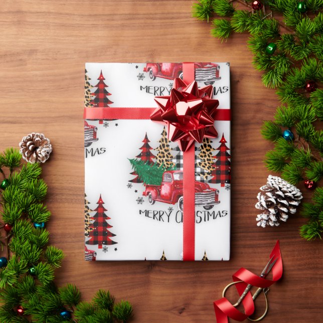 Papier Cadeau Joyeux camion de Noël et arbres (Cadeau de vacances)