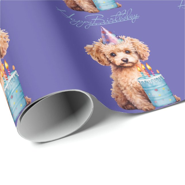 Papier Cadeau Joyeux caniche d'anniversaire avec Casquette de fê (Coin rond)