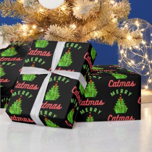 Papier Cadeau Joyeux Cat Noël Patron d'Arbre de Noël Drôle pour