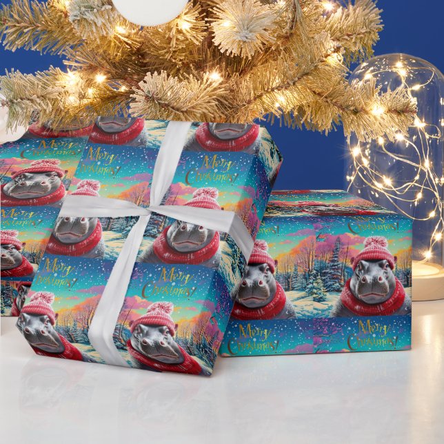 Papier Cadeau Joyeux chapeau et foulard de Noël Hippo (Vacances)