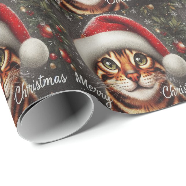 Papier Cadeau Joyeux chat Bengal de Noël, Noël Chat Bengal de Pè (Coin rond)