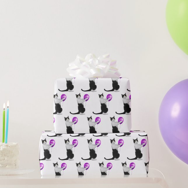 Papier Cadeau Joyeux Chat d'anniversaire avec ballon (Cadeaux de fête)