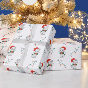 Papier Cadeau Joyeux Chat de Noël Light avec chapeau de Père Noë