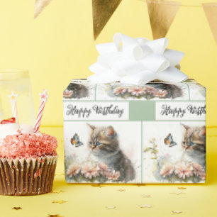 Papier Cadeau Joyeux Chaton D'Anniversaire Dans Le Jardin