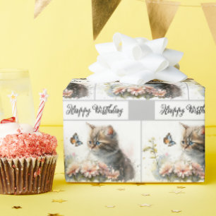 Papier Cadeau Joyeux Chaton D'Anniversaire Dans Le Jardin