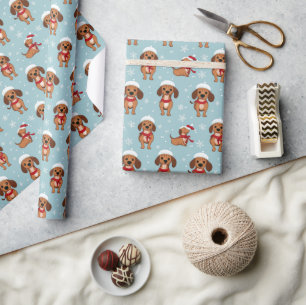 Papier Cadeau Joyeux chien jouant et flocons de neige Noël