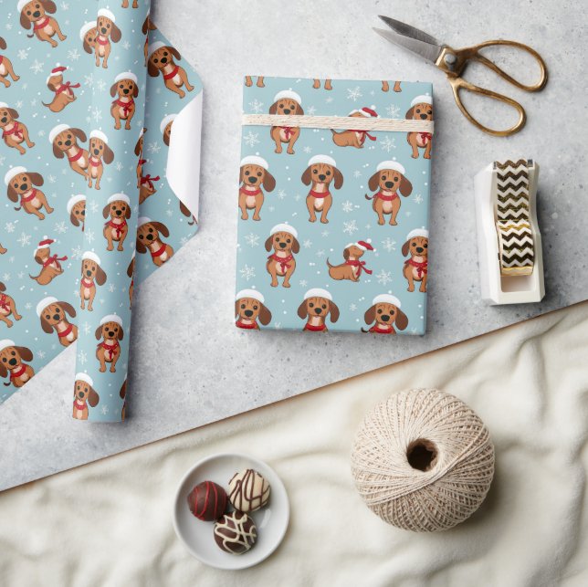 Papier Cadeau Joyeux chien jouant et flocons de neige Noël (Artisanat)