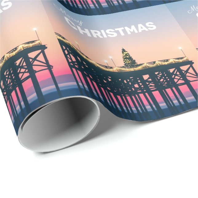 Papier Cadeau Joyeux Christmas Beach Pier Coucher de soleil San  (Coin rond)