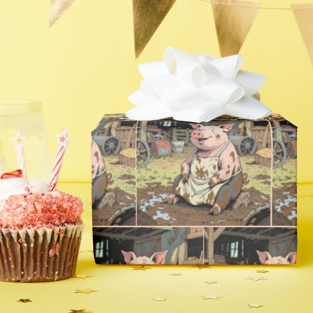 Papier Cadeau Joyeux cochon de dessin dans une ferme (Fête d'anniversaire)