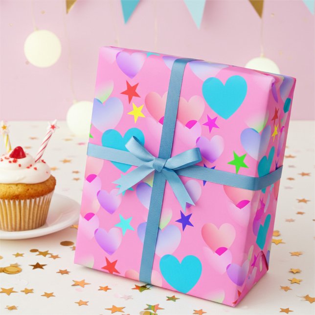 Papier Cadeau Joyeux Coeurs et Étoiles Gliding Anniversaire (Créateur téléchargé)