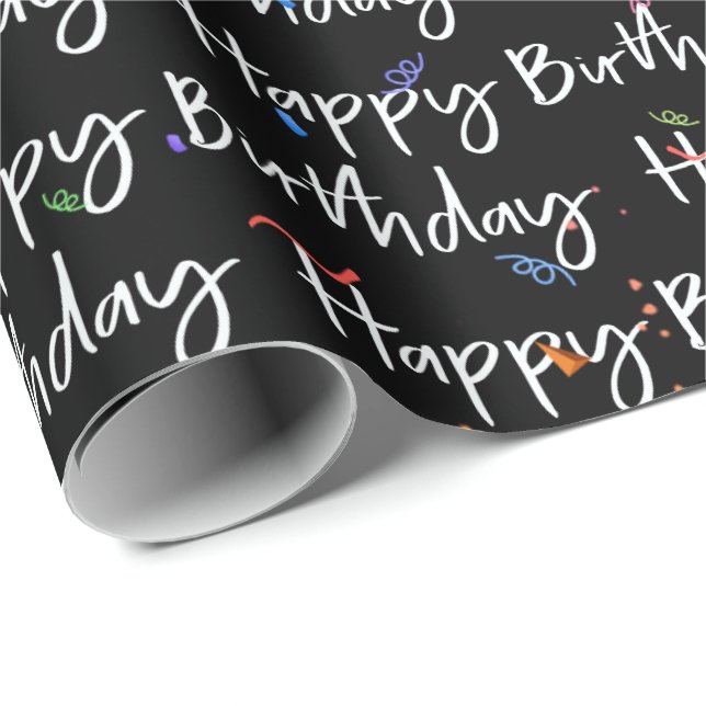 Papier Cadeau Joyeux Confetti d'anniversaire sur Noir (Coin rond)