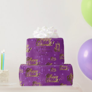 Papier Cadeau Joyeux Diwali Elegant Faux Gold Foil Script violet