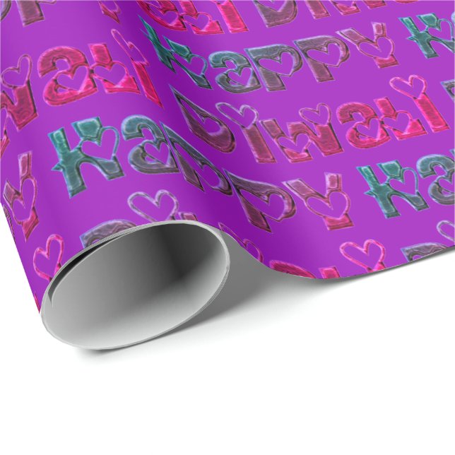 Papier Cadeau Joyeux Diwali Salutation Coeurs mignons Pink Purpl (Coin rond)