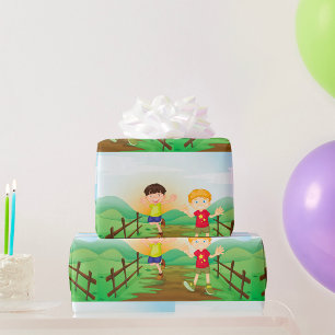 Papier Cadeau Joyeux Enfants Jouant À L'Extérieur